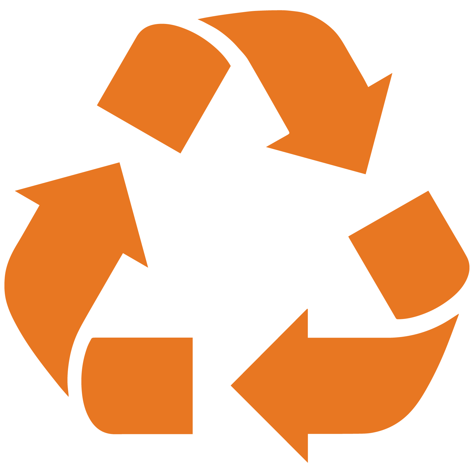 Orange icon of rounded bent arrows forming almost a triangle in the symbol for recycling