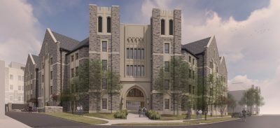 Rendering - view north. A large Hokie Stone building with a sallyport in the middle of the base sits at the corner where Femoyer Hall used to be.