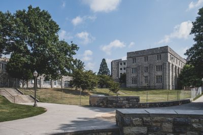 View of the exterior of Holden Hall as it undergoes demolition.