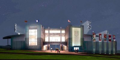 A concept rendering of the planned baseball clubhouse at night