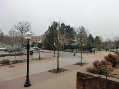 View of the existing plaza between the Graduate Life Center and Squires Student Center from Alumni Mall.