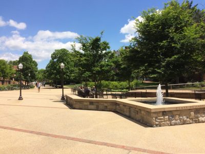 View of the existing plaza between the Graduate Life Center and Squires Student Center looking towards Alumni Mall.