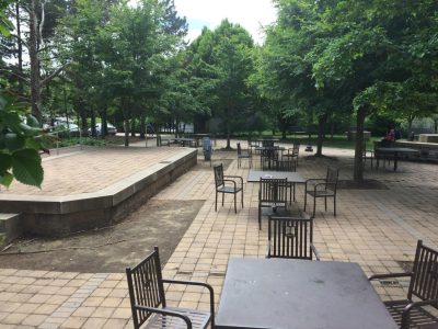 The existing plaza between the Graduate Life Center and Squires Student Center.