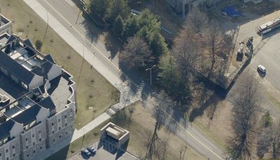 Existing aerial overview of pedestrian crosswalk across Duck Pond Drive.