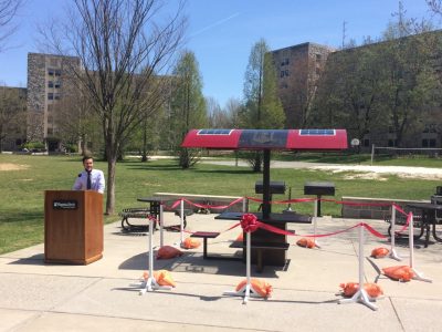 Solar Power Charging Table located in the residence area by Pritchard and Peddrew-Yates Residence Halls