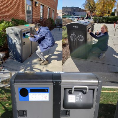 Outdoor recycling bins and garbage compressors