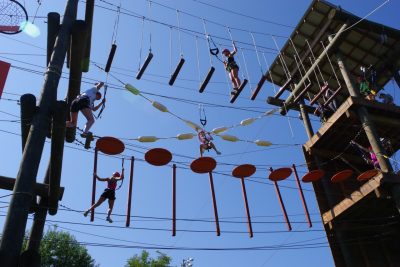 Office of Sustainability students interns at the Venture Out high ropes course during orientation