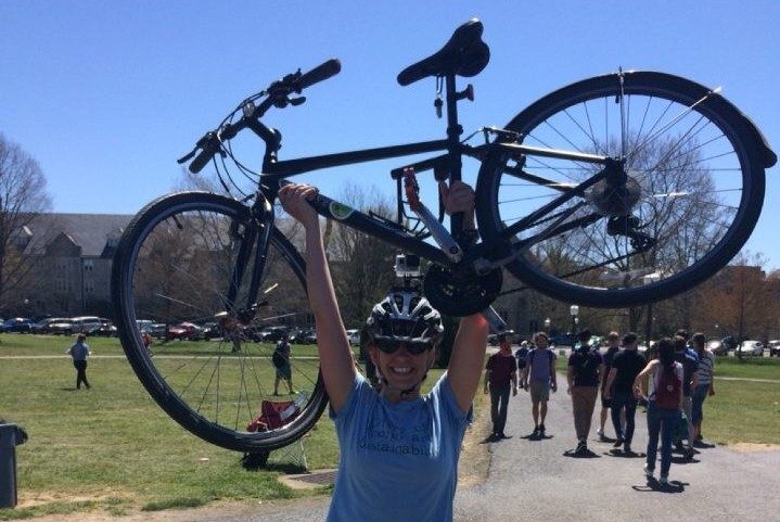 Meghan Hekl, Sustainability Intern, wins the Campus Commuter Challenge on her bike.