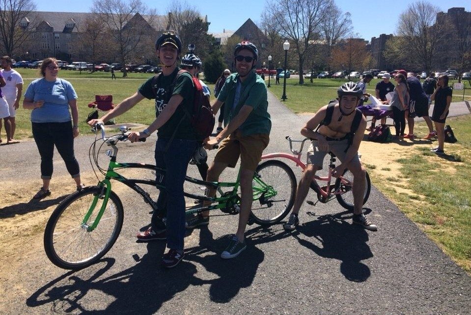 Dyllan Taylor, Sustainability Intern, and two friends come in second on their tandem bike.