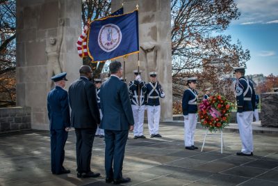 The memorial wreath is placed in front of the cenotaph on War Memorial Court.
