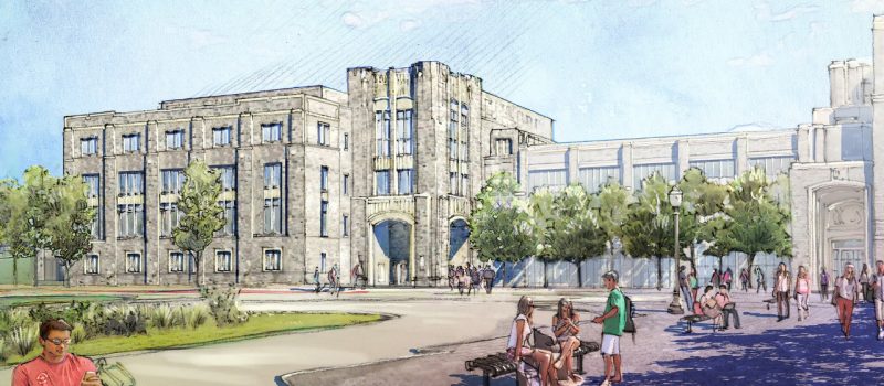 A rendering of the New Business Building, the second planned academic building for the Global Business and Analytics Complex. 