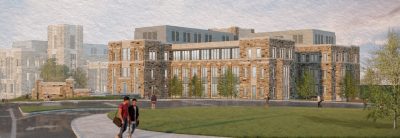 A southeast exterior rendering of the New Business Building shows the facility’s collegiate gothic design. Renderings provided by Moseley Architects.