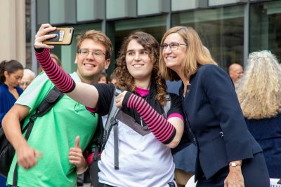 Engineering Dean Julia Ross taking a selfie with students