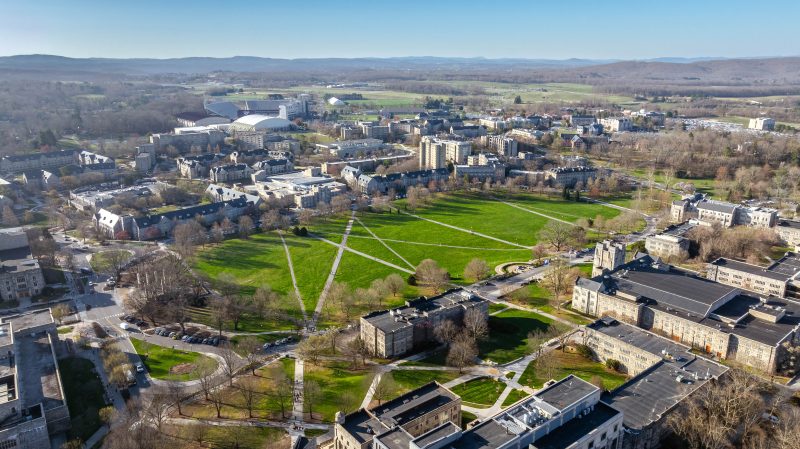 Aerial sunrise view of Burruss Hall and surrounding buildings