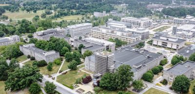 An aerial view of Burruss Hall under renovation