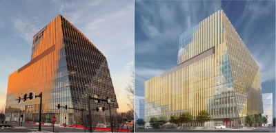 a photo of the construction progress on the Innovation Campus on the left and a rendering of the completed project on the right