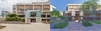 A rendering of steps near Derring Hall after a renovation on the right, and on the left is a photo of the current construction progress.