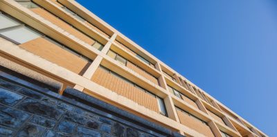Exterior view at a skewed upward angle of Derring Hall