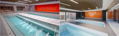 A photo of the nearly complete construction progress in the football locker room on the left. A rendering of hydrotherapy pools with a VT sign on an orange wall in the renovated football locker room on the right.