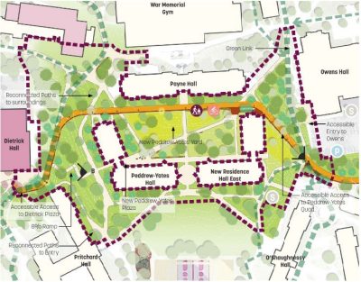 An aerial map of the construction path area outlined by maroon dotted lines.