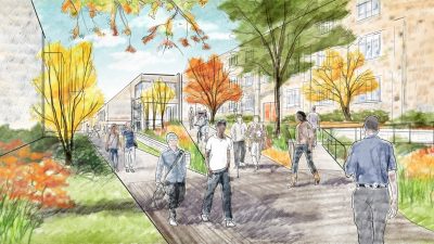 A colorful sketched rendering in autumn colors of the new accessible pathway in the North Academic District.