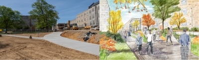 A split image: on the left is a photo of the P2 construction area in progress and on the left is colorful sketched rendering in autumn colors of the new accessible pathway in the North Academic District.