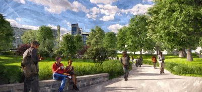 A rendering on a summer day on campus with people walking along a new accessible pathway leading up to McBryde Hall.