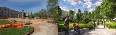 A split image: on the left is a photo of the construction progress at the P3 site and on the right is a rendering on a summer day on campus with people walking along a new accessible pathway leading up to McBryde Hall.