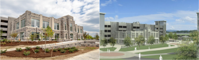 Exterior construction progress photo on the left compared to an exterior rendering of the planned Multimodal Transit Facility on the right