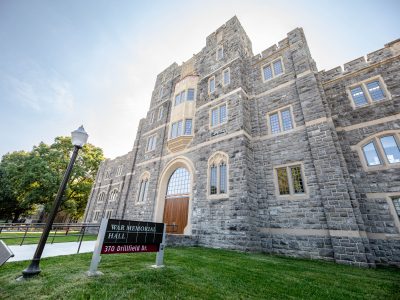An exterior view of the front of War Memorial Hall taken from a low angle