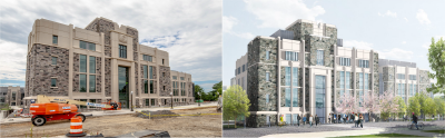 A photo of the construction progress at the Undergraduate Science Lab Building on the left and a rendering of the completed project on the right.