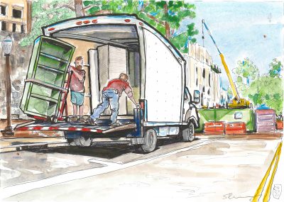 A handdrawn doodle of a moving truck with people loading furniture.
