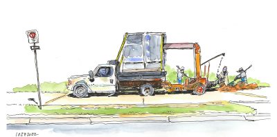 A handdrawn doodle of a leaf vacuum truck sucking up fall leaves with people behind it raking