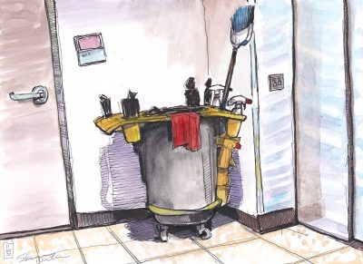 A hand drawn sketch of a housekeeping buggy cart with supplies in an empty hallway corner