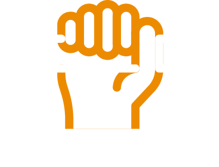 White and orange hand holding a wrench icon