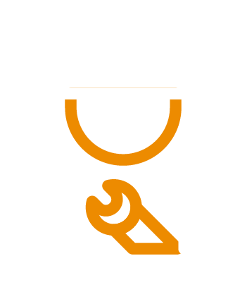 White and orange person in a hardhat with a wrench icon