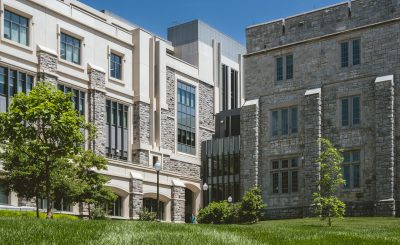 A view of the old part of Holden Hall meeting the newly constructed part of the building.