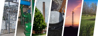 A header image with six individual photos. 1 is a closeup of electrical substation lines. 2 shows green pipes and tubes in a chiller plant. 3 is a green tree and the power plant brick steam stack standing tall in a blue cloudy sky. 4 hands are seen installing a manhole cover for sewer utilities. 5 is a tall telecommunications tower standing against a sunset. 6 is a pipe sitting in the street with water trickling out and an orange hazard cone behind.