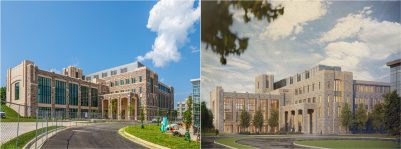 Rendering of the D&DS site on the right and a photo of the current construction progress on the left
