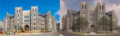 A photo of construction progress at the Upper Quad Residence Hall site (left). Rendering - view north. A large Hokie Stone building with a sallyport in the middle of the base sits at the corner where Femoyer Hall used to be (right)..