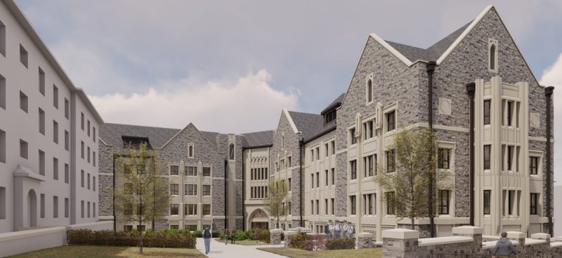 Rendering - view east. A large new Hokie Stone building sits in place of Femoyer Hall.