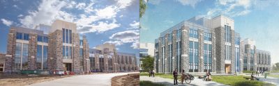 Rendering of exterior of Hitt Hall on the right and a photo of current construction progress on the left