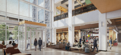 Rendering of the interior of Hitt Hall featuring multistory dining venues.
