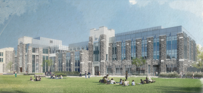 Rendering of Hitt Hall featuring two terraces with a view to the east.