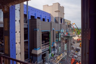A view from inside Hitt Hall while under construction. The exterior walls have been constructed but there is not Hokie Stone on them yet. 