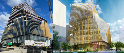 a photo of the construction progress on the Innovation Campus on the left and a rendering of the completed project on the right