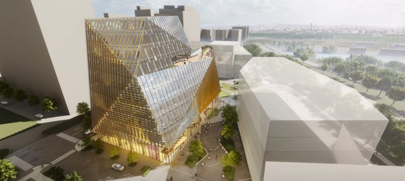 A rendering of the Innovation Campus shows a shiny, asymmetrical façade.