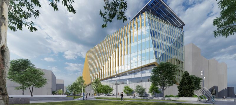 A rendering of the Innovation Campus shows a shiny, asymmetrical façade.
