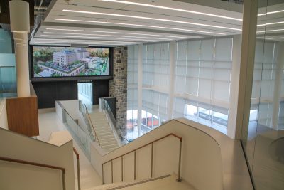 Interior foyer with grey hokie stone and glass