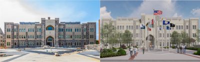 Exterior rendering of Corps Leadership and Military Science Building on the right, and a photo of current construction progress on the left
